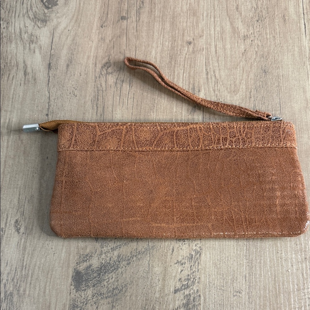 Brown Textured Faux Leather Wristlet Clutch - Animal Print interior - wriststrap